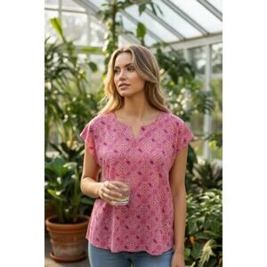 Artisanny Pink Orange Paisley Boho Blouse Size Large Lightweight Rayon Top